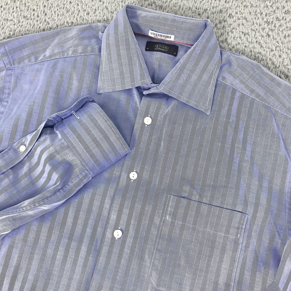 Eton Shirt Mens 16 41 Blue Herringbone Spread Collar Dress Long Sleeve Cotton